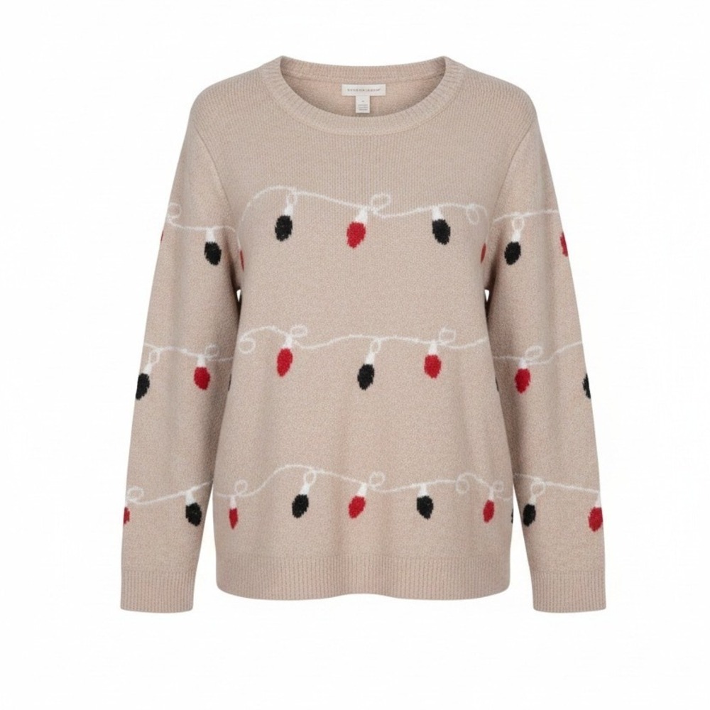 Cupcakes and Cashmere Womens 1X Christmas Light Sweater Beige Metallic Knit 1X